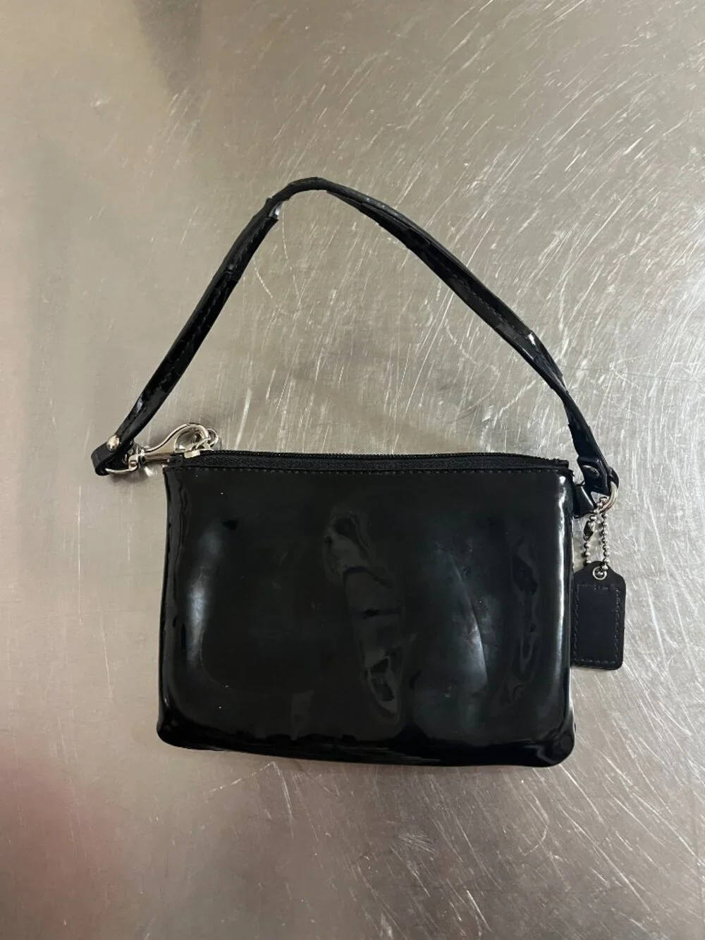 COACH Black Glossy Studded Pouchette Small Wristlet Wallet Pouch
